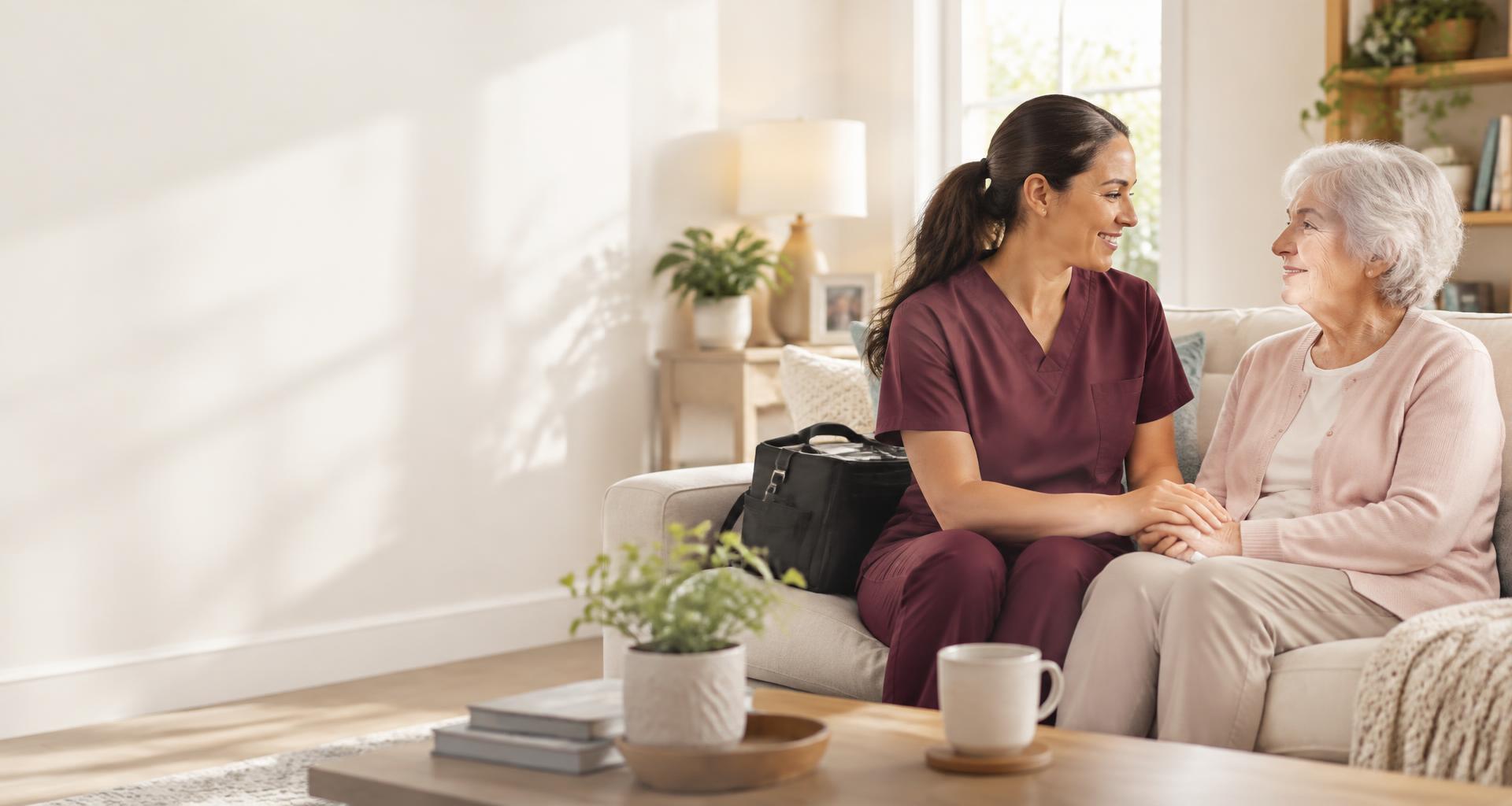 Illustrative home-care scene with an unnamed nurse and patient, not WON Solutions staff